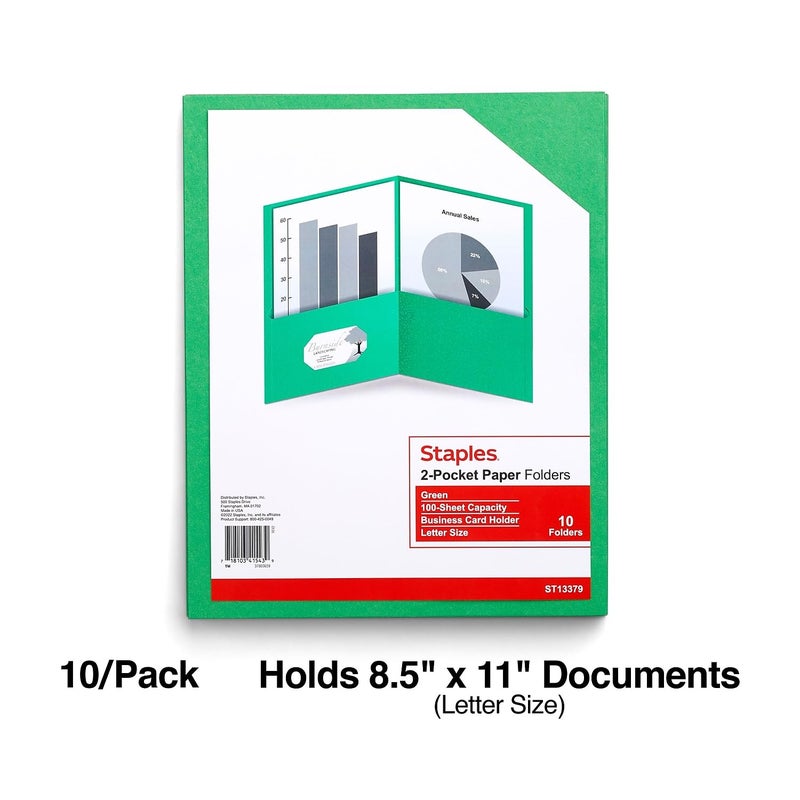 Staples 10% Recycled Smooth 2-Pocket Paper Presentation Folder, Green, 10/Pack (13379-US) - Image 2